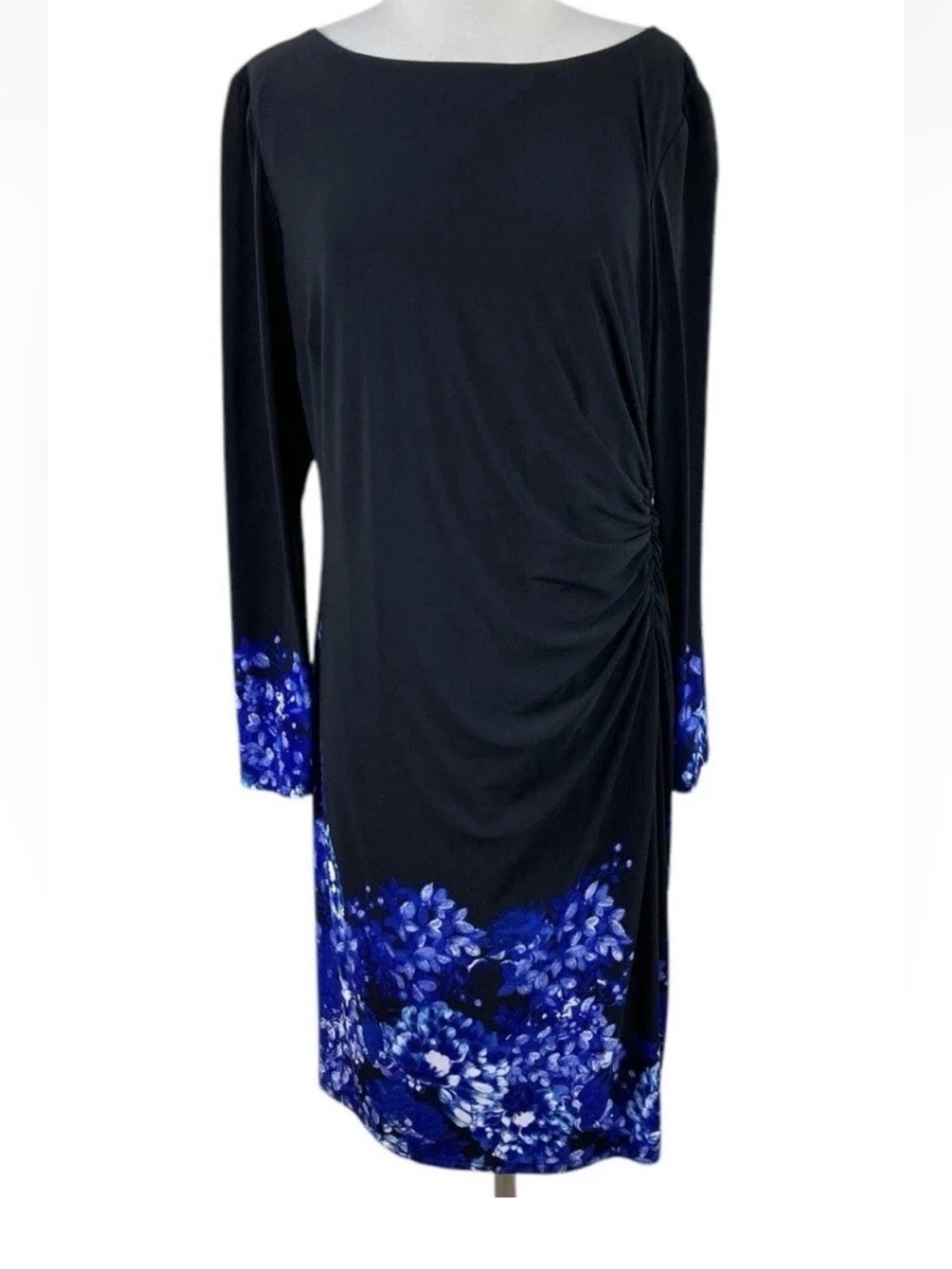 Lauren Ralph Lauren Black Blue Floral Ruched Draped Dress Size 16 Lined LIKE NU